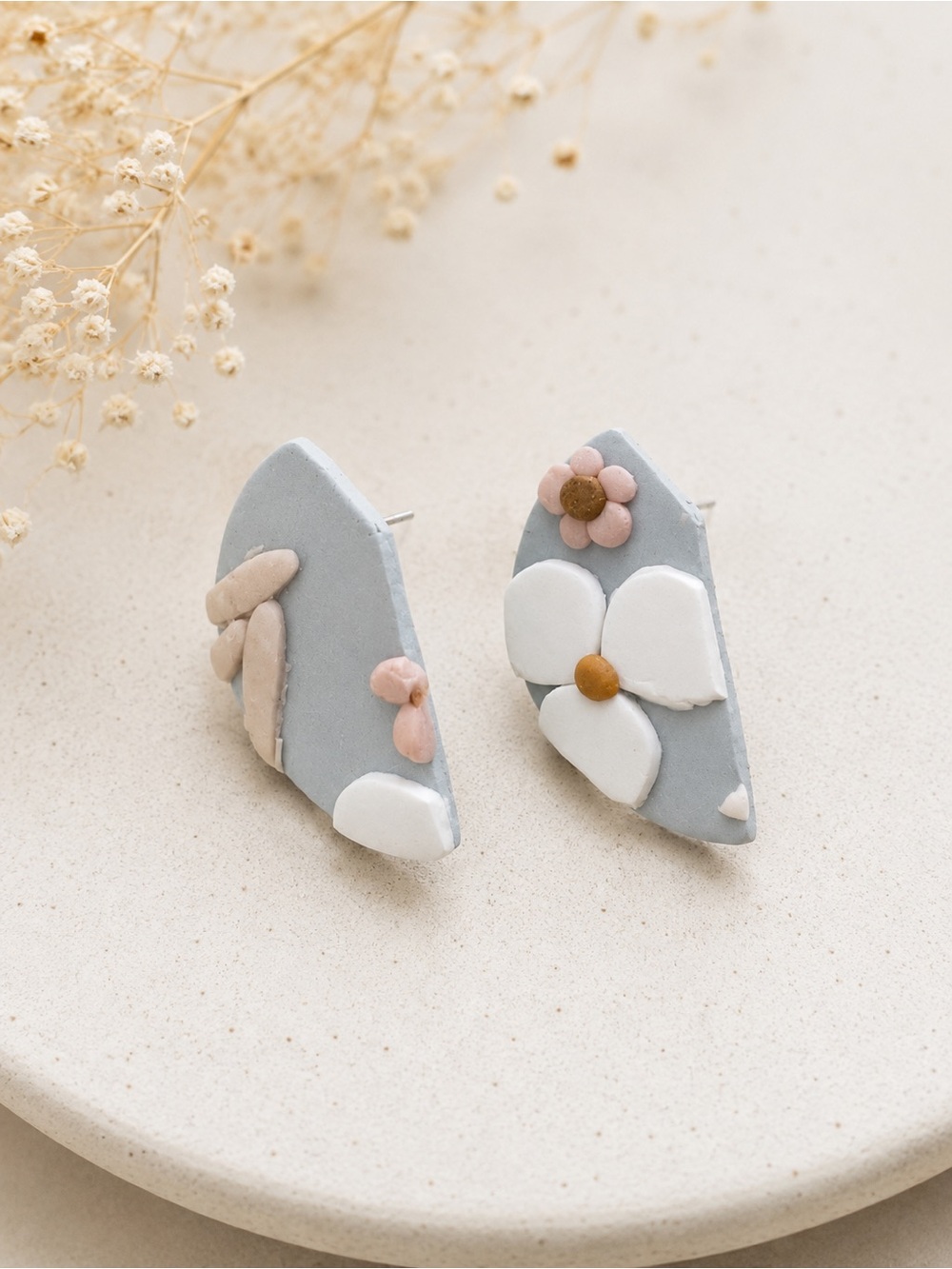 Handcrafted Blue Floral Statement Earrings - Pink & White Accents